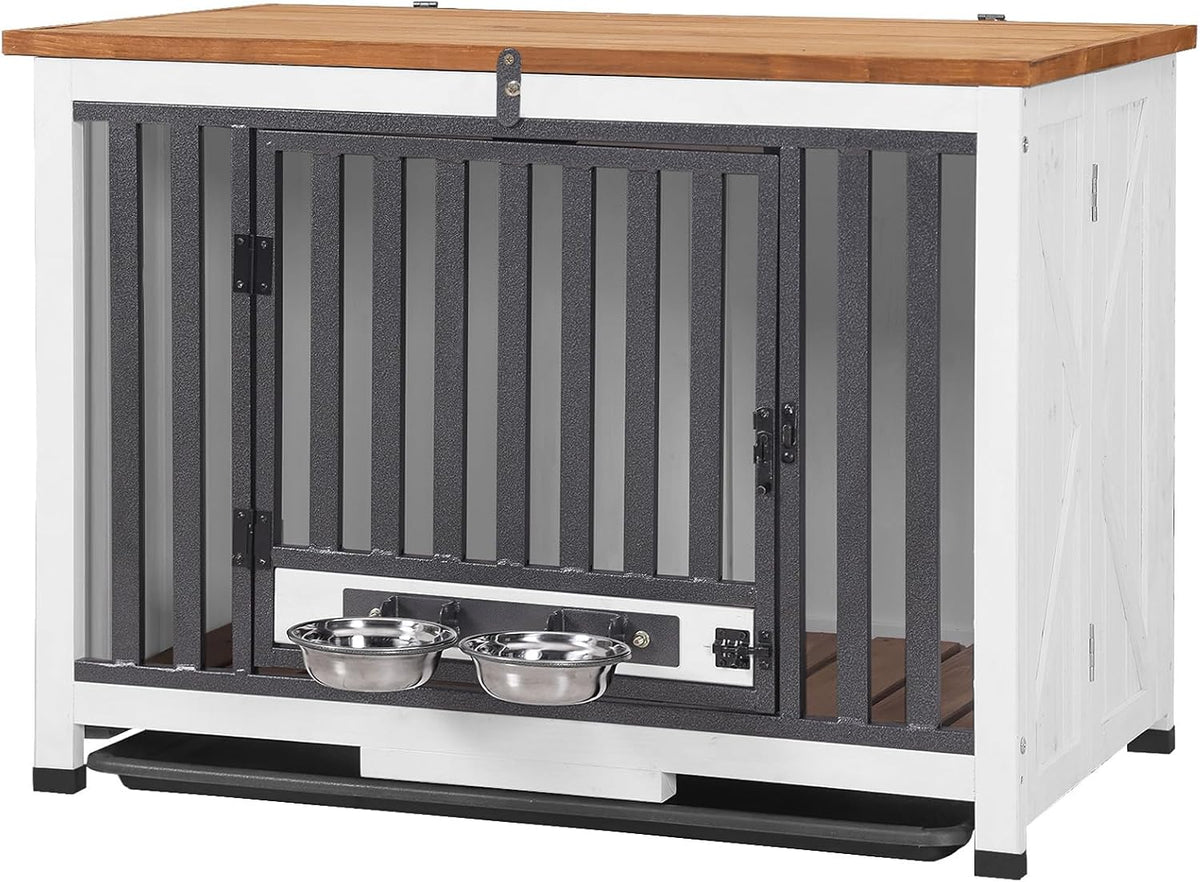 Foldable solid wood dog crate end table with rotating bowl