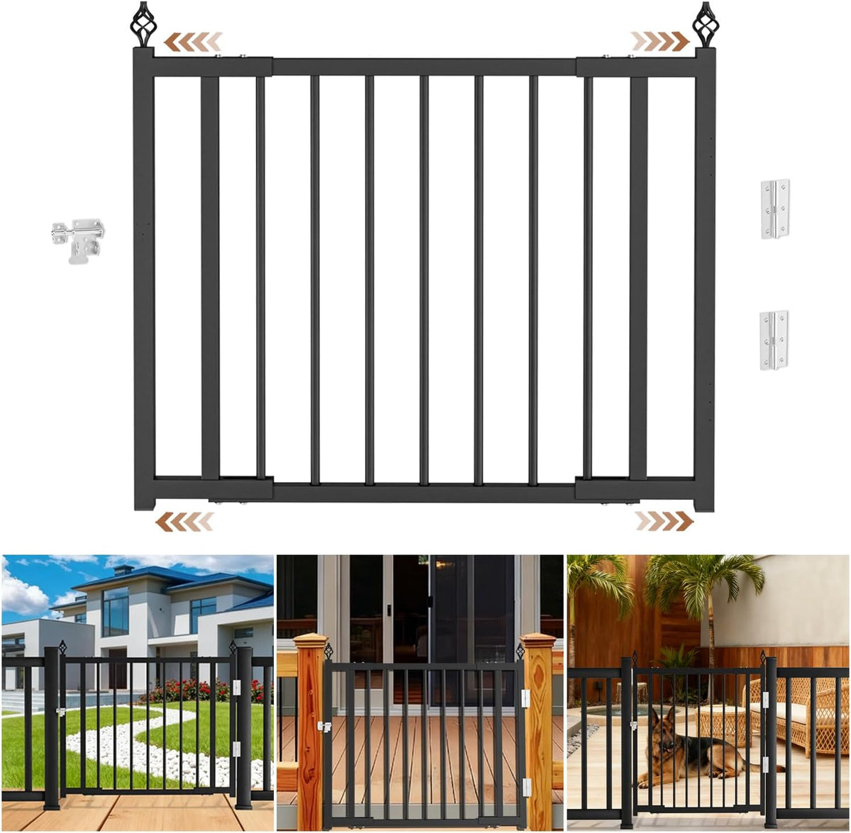 Black heavy duty outdoor deck gate with latch on a patio