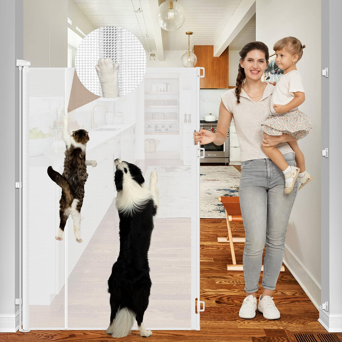Extra tall 60 in retractable mesh pet gate across a doorway for cats and dogs