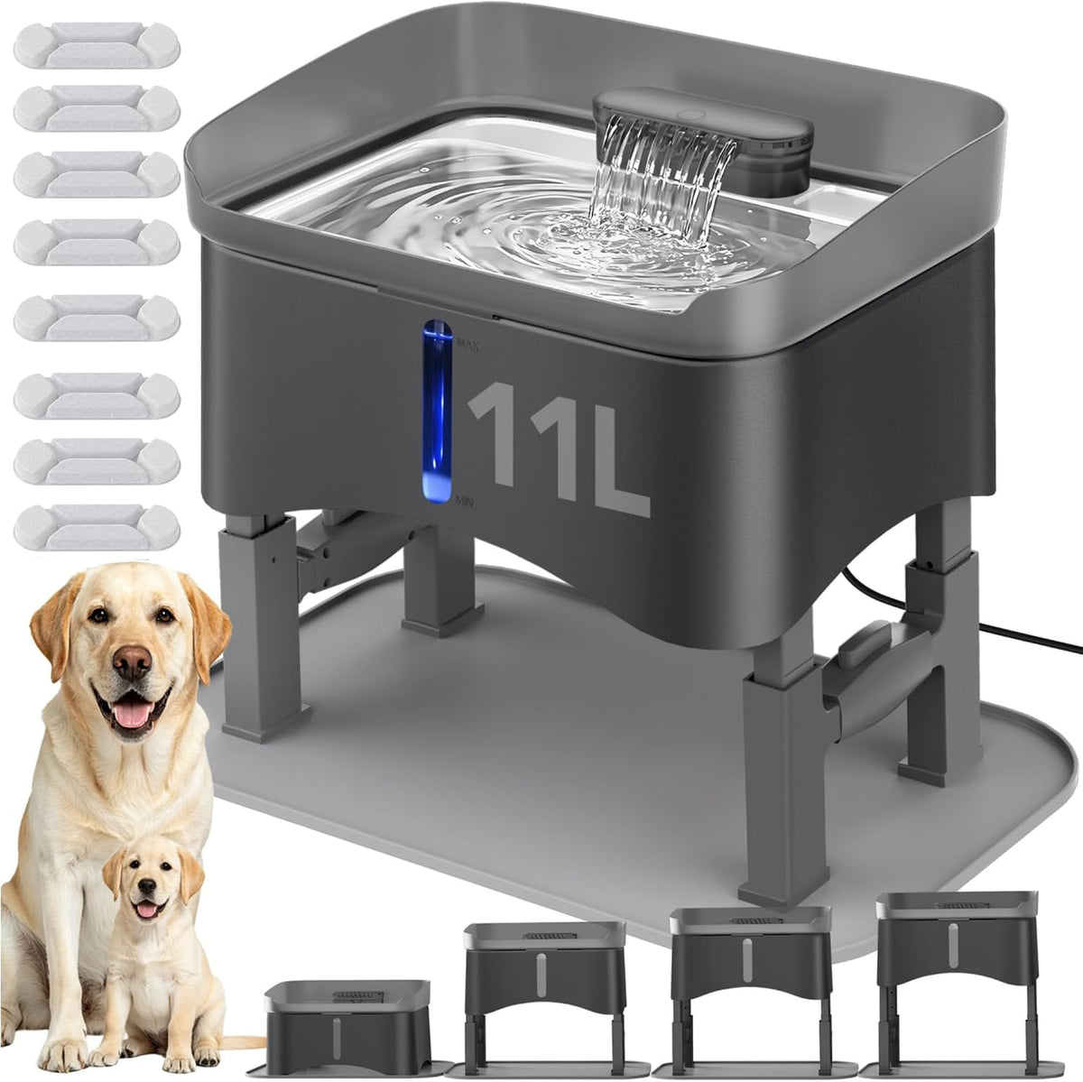 Elevated 11L dog water fountain with splash guard on a silicone mat