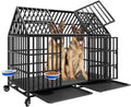 Black 54 inch heavy duty two-door dog crate with bowls and trays