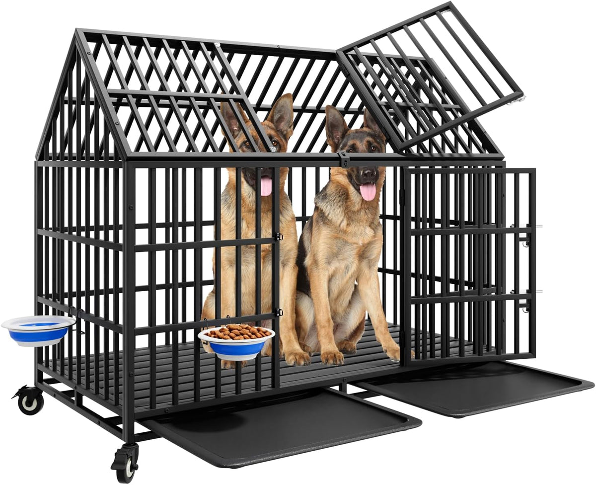 Black 54 inch heavy duty two-door dog crate with bowls and trays