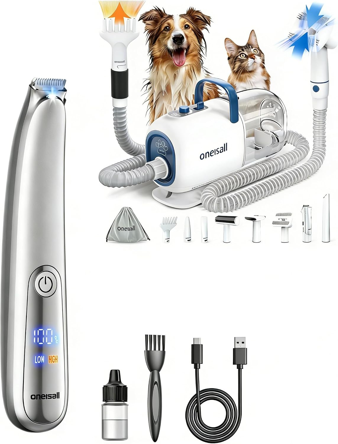 Dog grooming vacuum with dryer hose, brushes, trimmer and storage bag