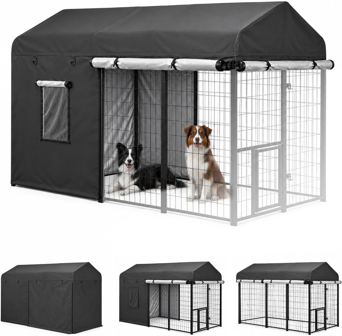 Full side cover with roll-up panels on an 8 by 4 foot outdoor dog kennel
