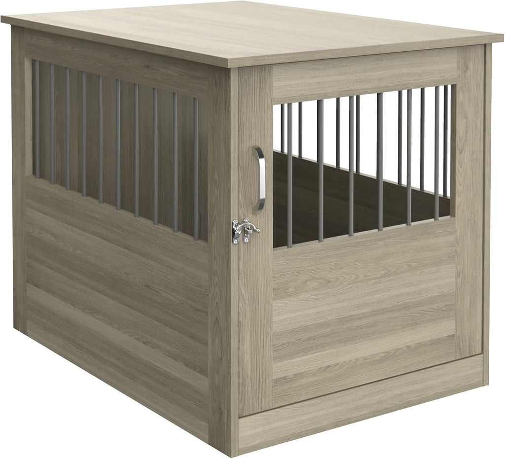 Earth gray wood grain pet crate end table with front door