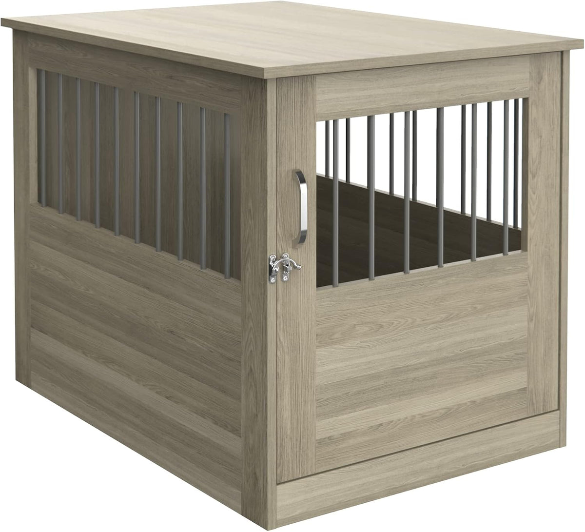 Earth gray wood grain pet crate end table with front door