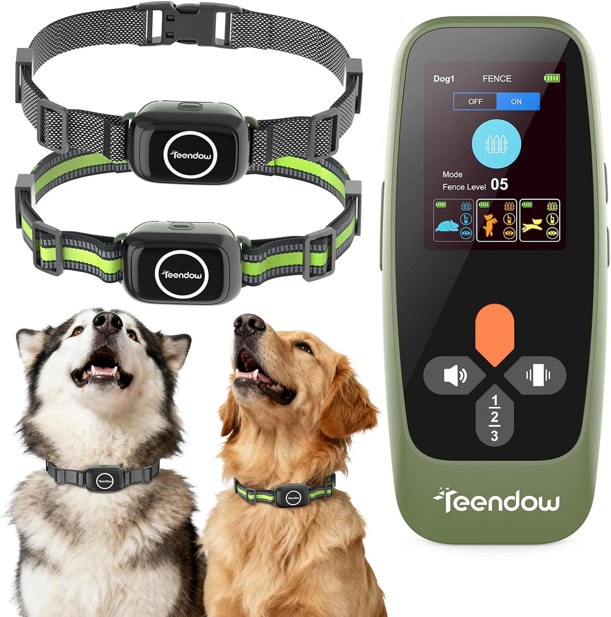 Wireless invisible dog fence transmitter with two dog collars