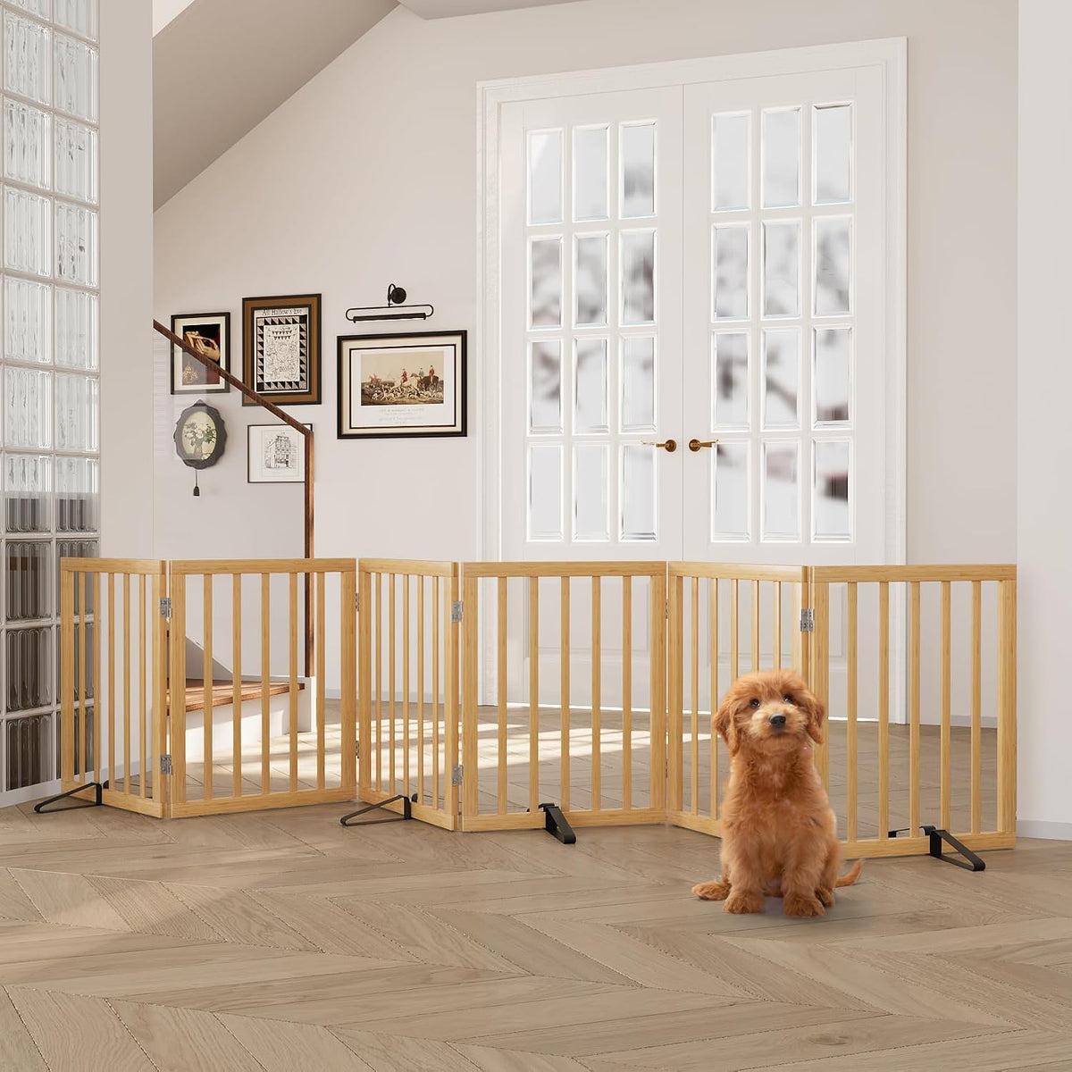 Six-panel foldable bamboo dog gate with metal support stands in a doorway