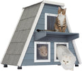 Grey insulated outdoor cat house with asphalt roof and three doors