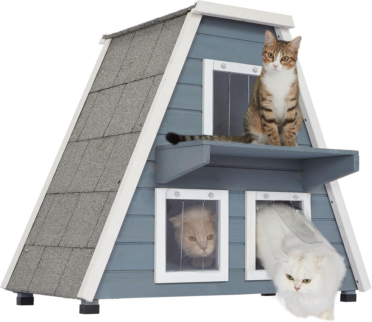 Grey insulated outdoor cat house with asphalt roof and three doors