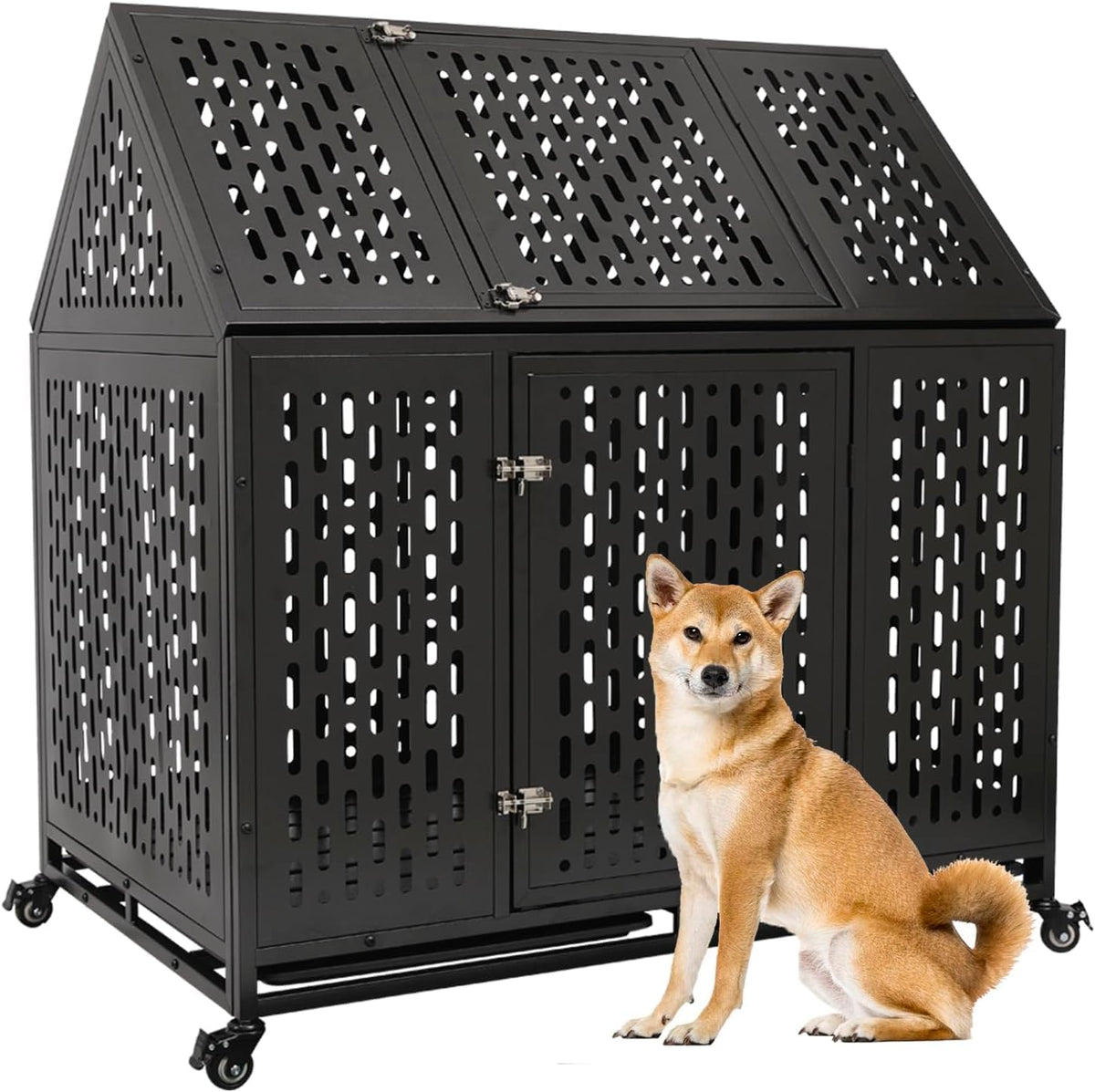 Black 44 inch heavy duty metal dog crate with top door and wheels