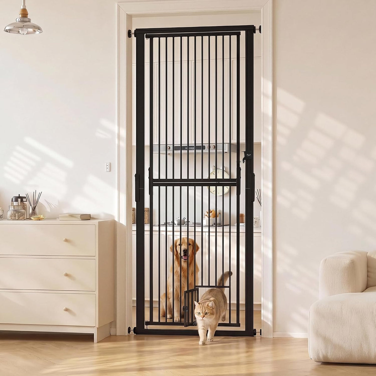 Extra tall white pressure-mounted cat gate with small cat door in a doorway – view 2