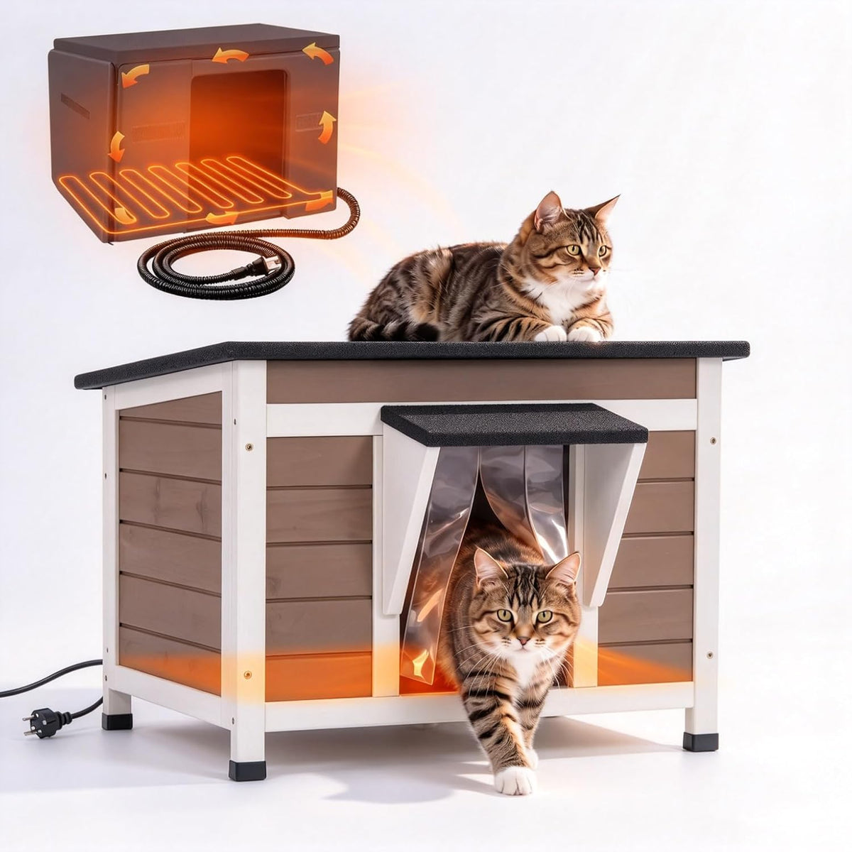 Brown insulated outdoor cat shelter with asphalt roof and heating pad