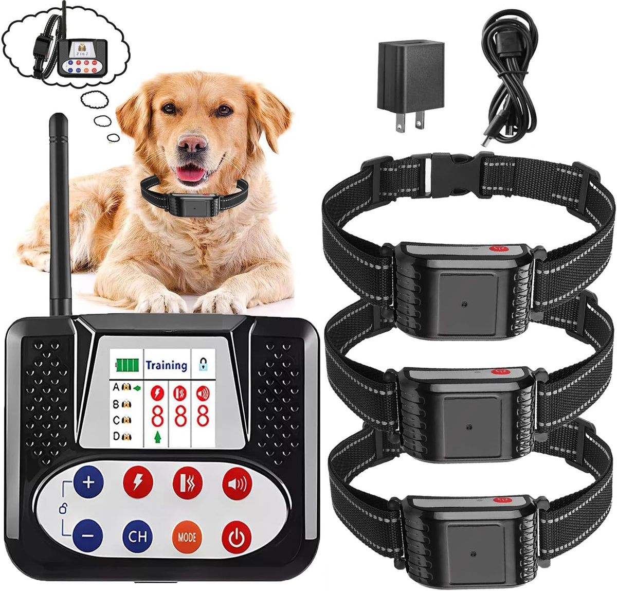 Wireless dog fence transmitter with remote and four waterproof receiver collars – view 3