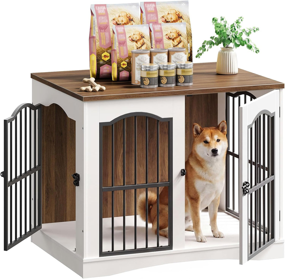 White and walnut wooden dog crate furniture with three doors