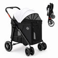 Black four-wheel dual entry dog stroller with sun shade and mesh panels