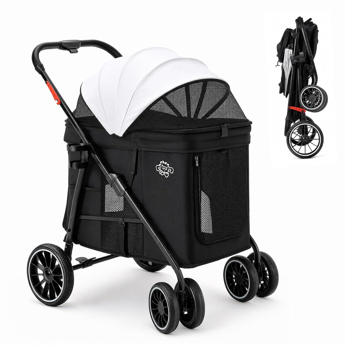 Black four-wheel dual entry dog stroller with sun shade and mesh panels