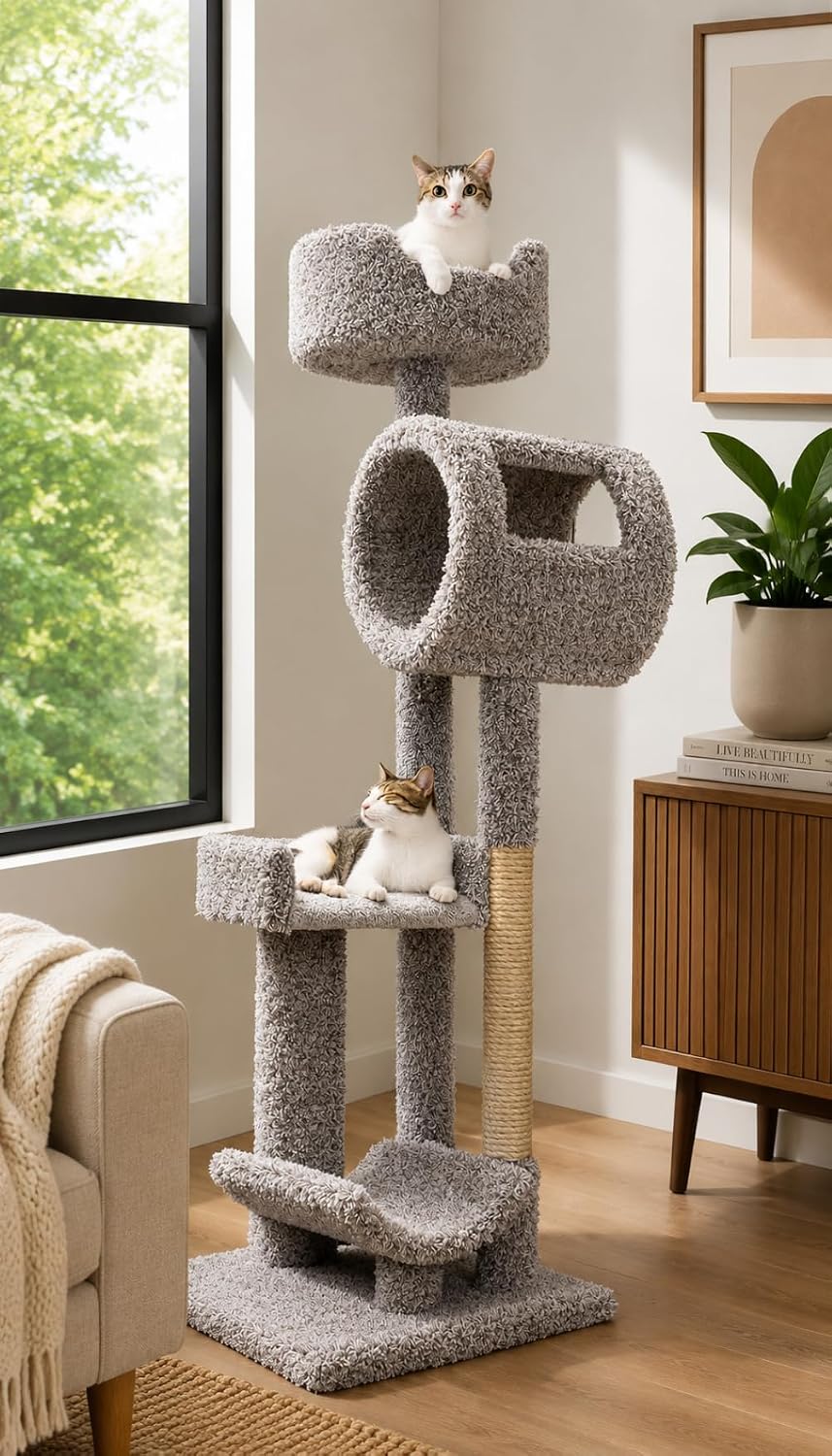 Carpeted cat tower with staggered platforms