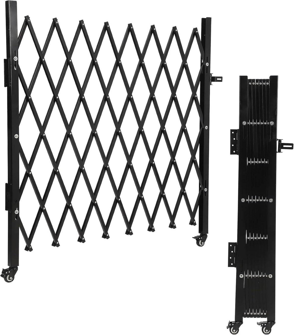 Black expanding folding aluminum security gate with rolling casters