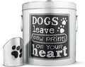 Silver rustic steel dog food storage canister with scoop