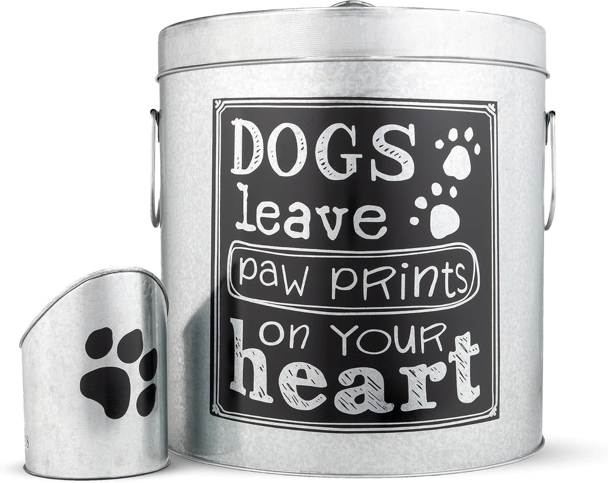 Silver rustic steel dog food storage canister with scoop