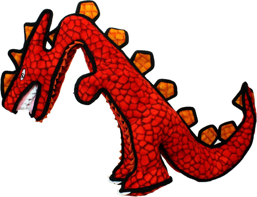Large red plush dinosaur dog toy with reinforced stitched seams