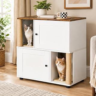 Cat Litter Box Enclosure, White Vintage Cabinet for 2 Cats