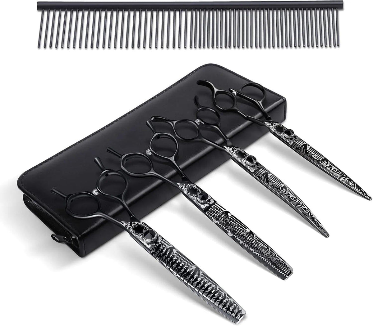 Black six-piece stainless steel dog grooming scissors set with round tips