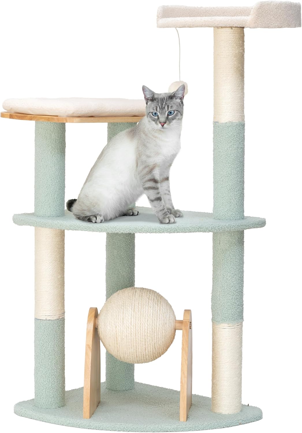 Two-level rubberwood cat tower with hideaway house and sherpa cushion – view 2