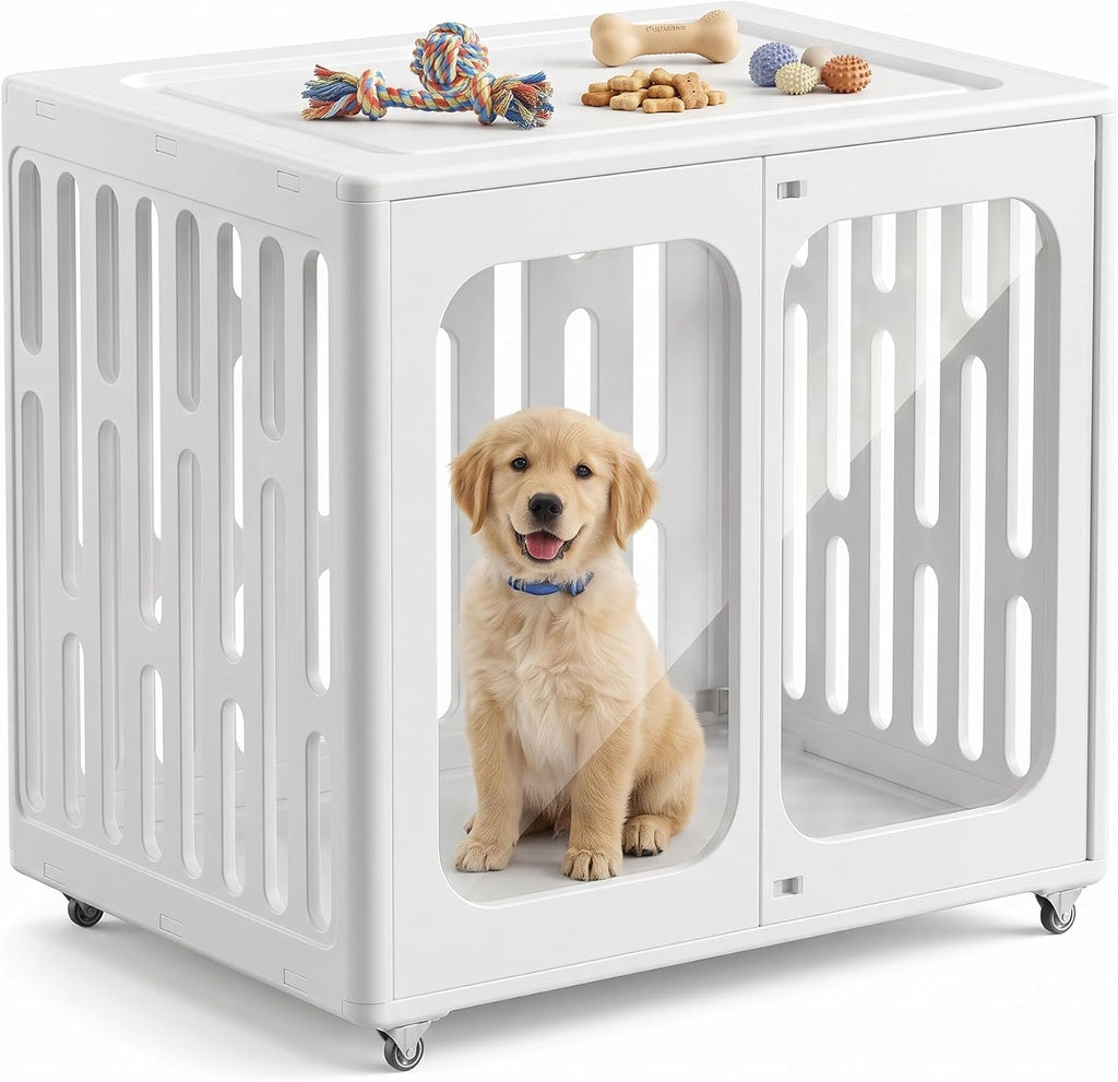 White plastic rolling dog crate with clear acrylic window