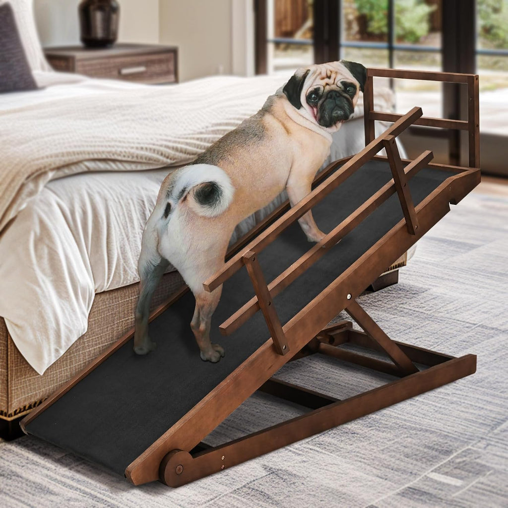 Foldable wooden dog ramp with railings leading up to a couch – view 4