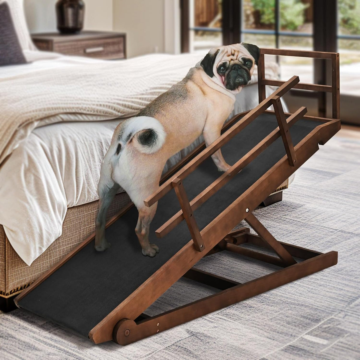 Foldable wooden dog ramp with railings leading up to a couch – view 4