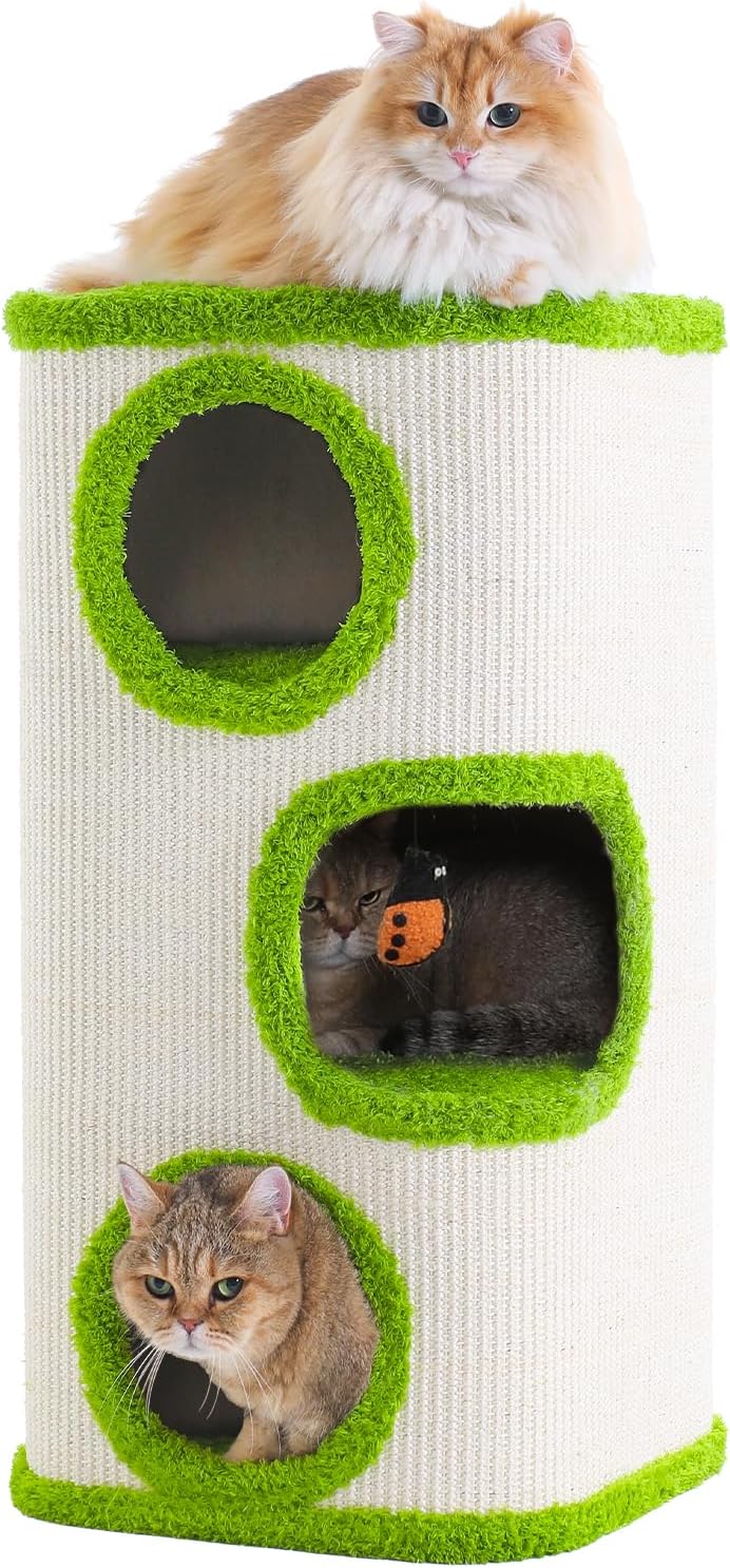 31 inch sisal-covered cat tower with three condos and top perch