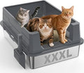 XXXL Stainless Steel Cat Litter Box with High Sides and Scoop, Dark Gray