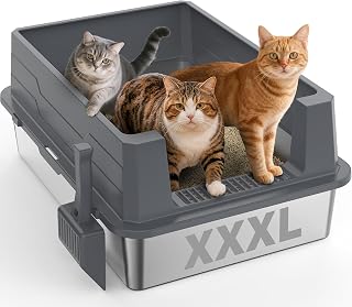 XXXL Stainless Steel Cat Litter Box with High Sides and Scoop, Dark Gray