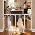 White extra tall pressure-mounted dog gate, 40.55 inches high, with door
