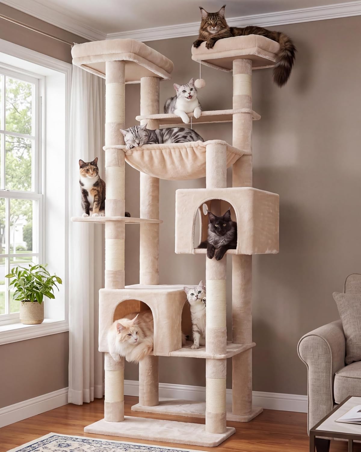 Beige and brown tall cat tree with plush beds, condo and hammocks – view 2