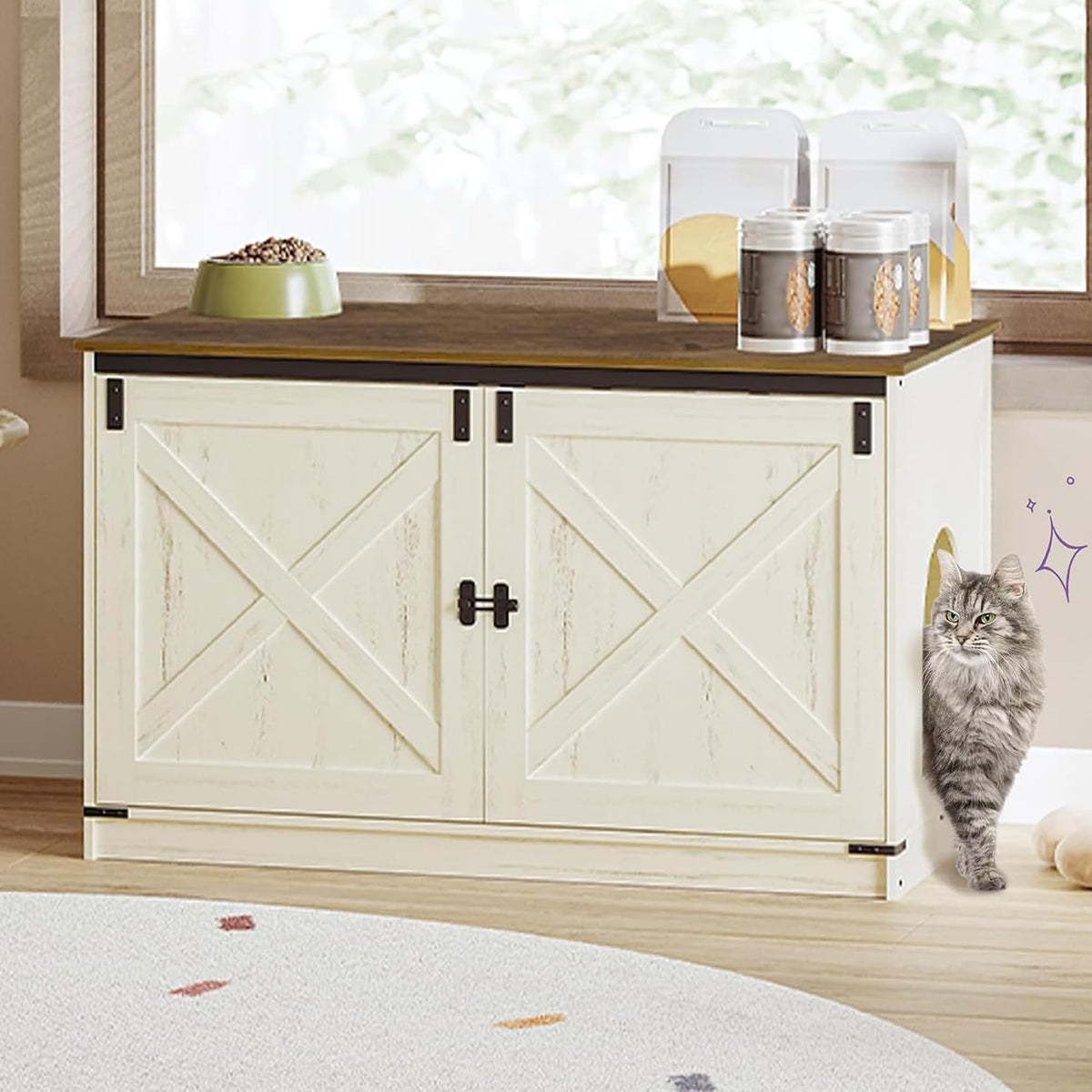 Rustic white and brown wooden litter box enclosure with side entrance