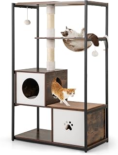 PETSITE 52 Inch Modern Cat Tree with 2 Condos, Sisal Scratching Posts, Dangling Balls, Removable Cushion, Scratching Pads