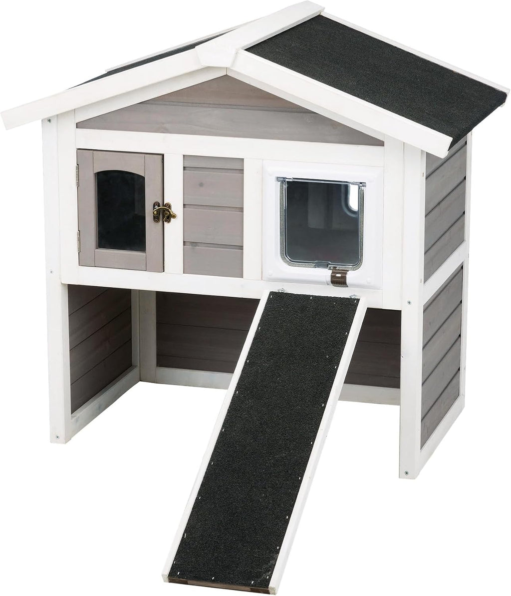 Pewter and white two-story insulated wooden outdoor cat house with ramp