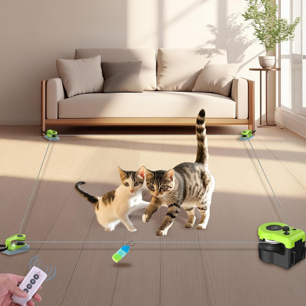 Green automatic cat chase toy with feather attractor and remote control