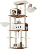 Rustic brown multi-level cat tree with caves, hammocks and tunnel