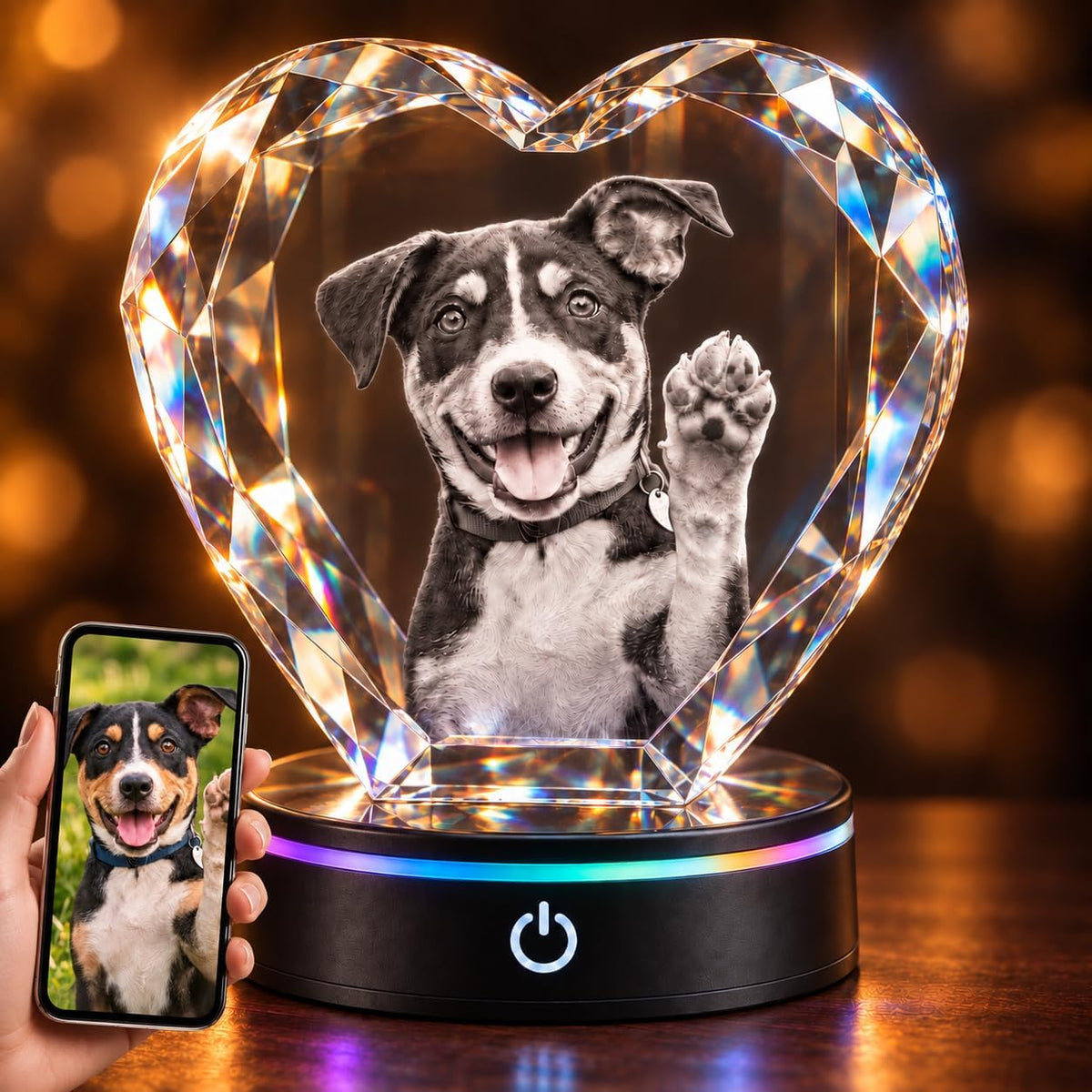 Crystal heart with a dog portrait laser engraved inside – view 4