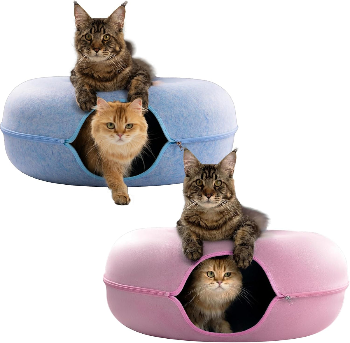 Blue and pink jumbo felt cat caves with donut bed tops and tunnels
