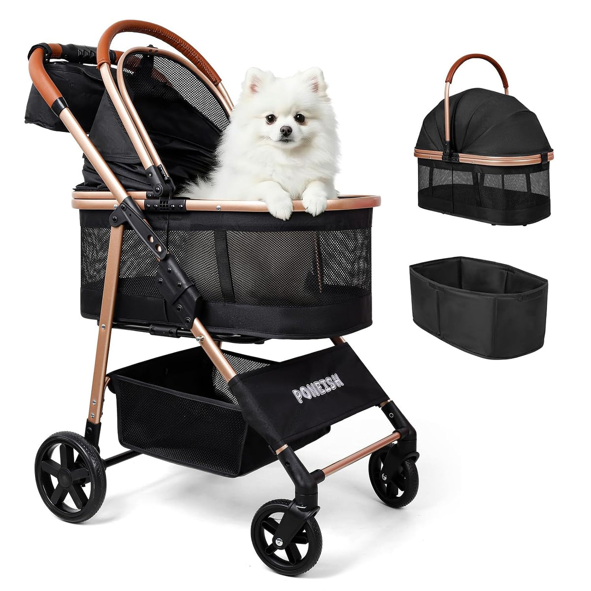 Black 3-in-1 pet stroller with detachable carrier and sun shade