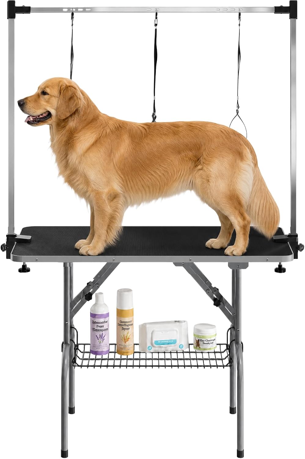 Foldable stainless steel dog grooming table with H arm and basket