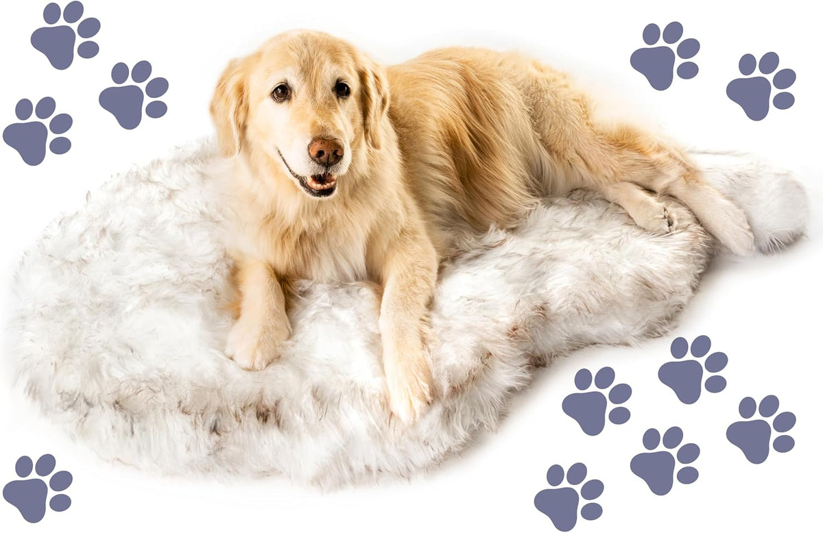 White and brown faux fur memory foam dog bed on a floor
