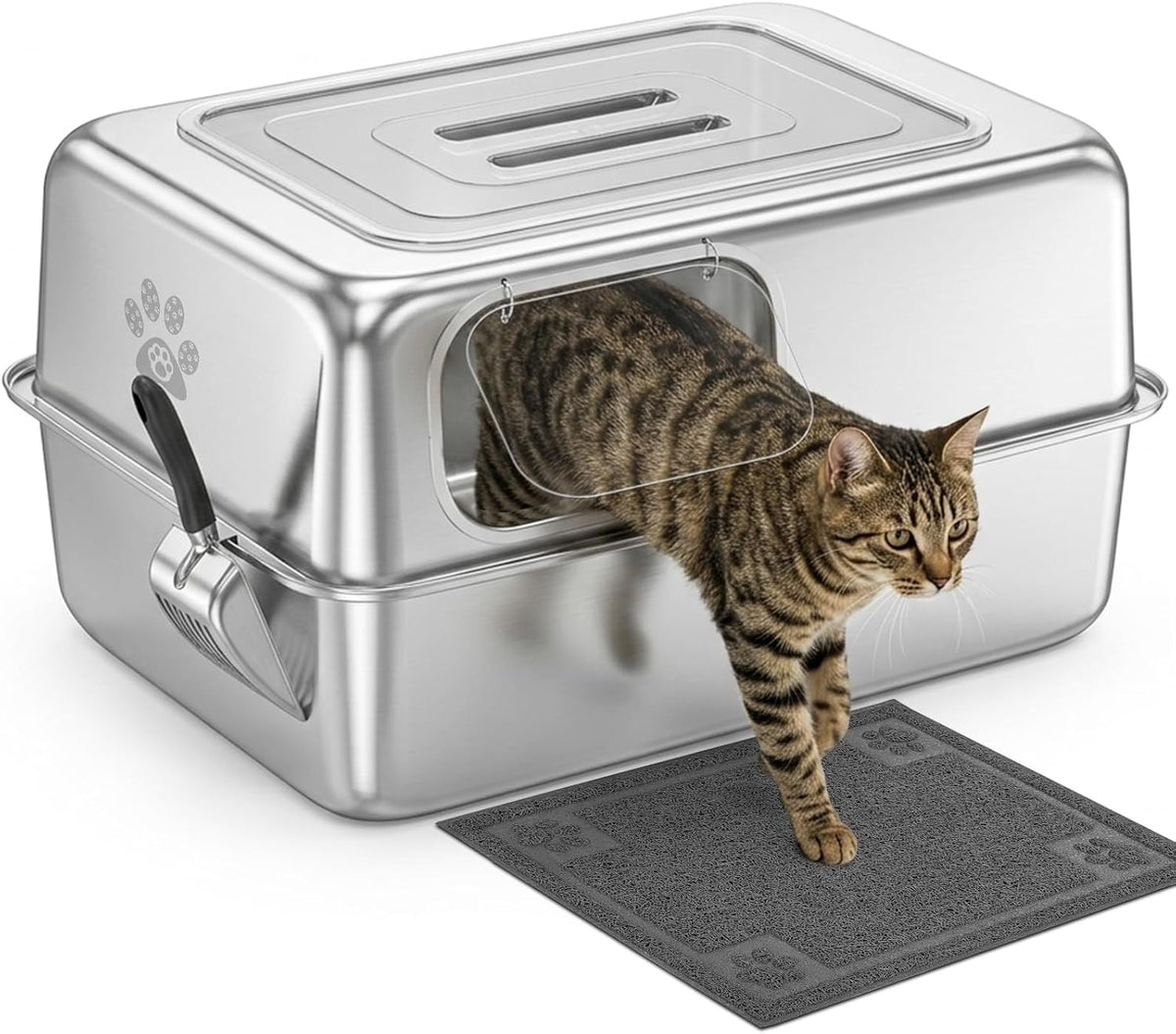 Enclosed stainless steel litter box with transparent top cover