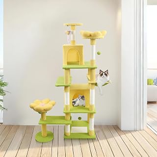 Cat Tree Tower with Sisal Scratching Posts, Yellow and Green