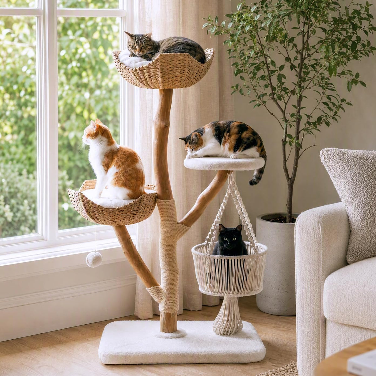 Modern natural wood cat tree with woven baskets and hanging basket